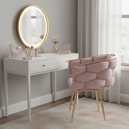 FOTEL KRZESŁO PLECIONE WELUROWE TAPICEROWANE BORNEO GLAMOUR PUDROWY RÓŻ NOGI ZŁOTE