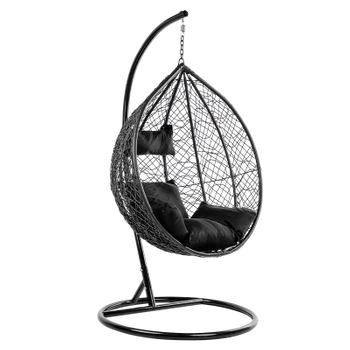 FOTEL OGRODOWY WISZĄCY KOKON DUŻY KOSZ KORFU CZARNY Z PODSTAWĄ PODUSZKA CZARNA