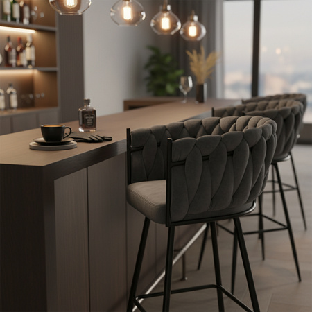 HOKER KRZESŁO BAROWE FERA CIEMNY SZARY WELUR NOGI CZARNE