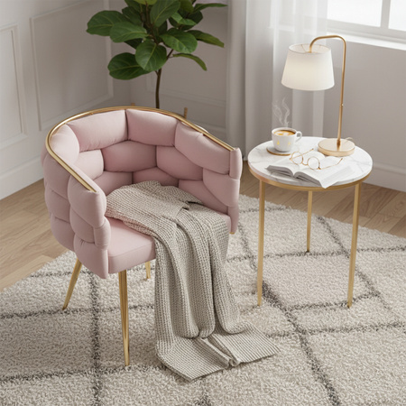 FOTEL KRZESŁO PLECIONE WELUROWE TAPICEROWANE BORNEO GLAMOUR PUDROWY RÓŻ NOGI ZŁOTE