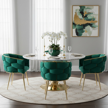 FOTEL KRZESŁO PLECIONE WELUROWE TAPICEROWANE BORNEO GLAMOUR ZIELONY NOGI ZŁOTE