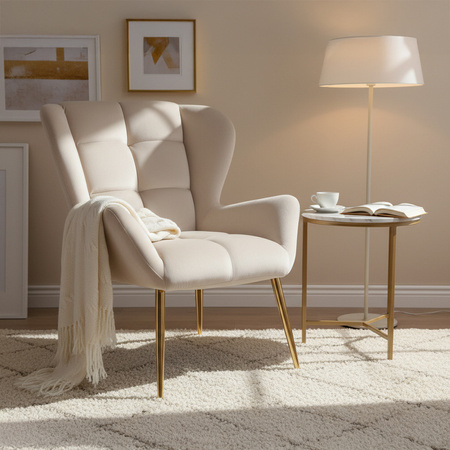 FOTEL KRZESŁO WELUROWE TAPICEROWANY CAPRI ECRU WELUR NOGI ZŁOTE