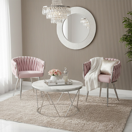 FOTEL KRZESŁO WELUROWE TAPICEROWANE RISO PUDROWY RÓŻ NOGI CHROM