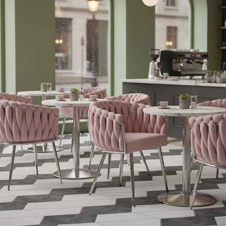 FOTEL KRZESŁO WELUROWE TAPICEROWANE RISO PUDROWY RÓŻ NOGI CHROM