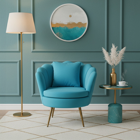 FOTEL KRZESŁO MUSZELKA WELUROWY TAPICEROWANY SAVA TURKUSOWY NOGI ZŁOTE