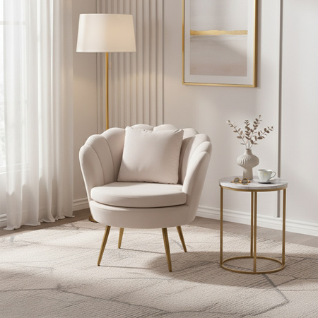FOTEL KRZESŁO MUSZELKA WELUROWY TAPICEROWANY SAVA ECRU NOGI ZŁOTE
