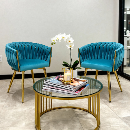 FOTEL KRZESŁO WELUROWY TAPICEROWANY RISO TURKUSOWY NOGI ZŁOTE