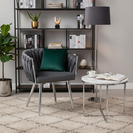 FOTEL KRZESŁO WELUROWE TAPICEROWANE RISO CIEMNY SZARY NOGI CHROM