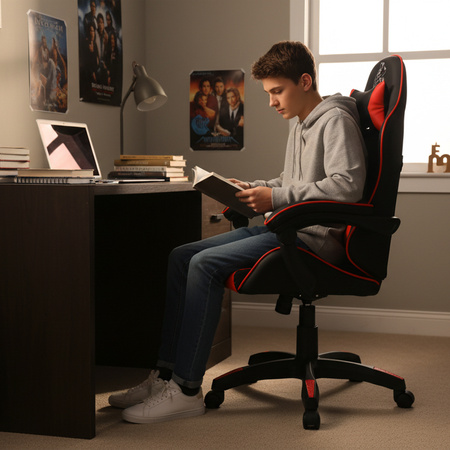 FOTEL GAMINGOWY BIUROWY OBROTOWY ZING-B CZARNO/CZERWONY SKÓRA PU