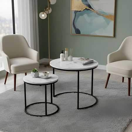 STOLIK KAWOWY OKRĄGŁY BIAŁY MARMUROWY NOWOCZESNY ZESTAW STOLIKÓW DO SALONU TIG-1-MAR-WH-BL-60