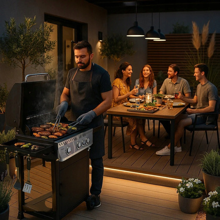 GRILL OGRODOWY GAZOWY Z POKRYWĄ I PÓŁKAMI APOLLO-B CZARNY RUSZT ŻELIWNY 11,5 KW + POKROWIEC