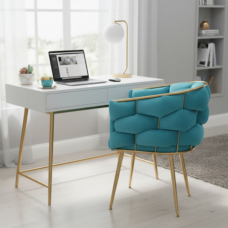 FOTEL KRZESŁO PLECIONE WELUROWE TAPICEROWANE GLAMOUR BORNEO TURKUSOWY NOGI ZŁOTE