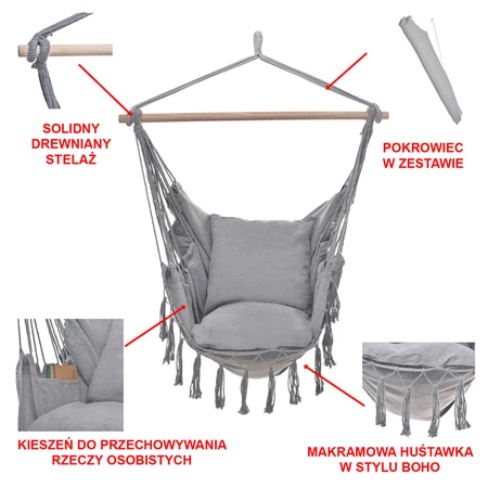 FOTEL OGRODOWY WISZĄCY KRZESŁO BRAZYLIJSKIE HAMAK HUŚTAWKA JULIA SZARY