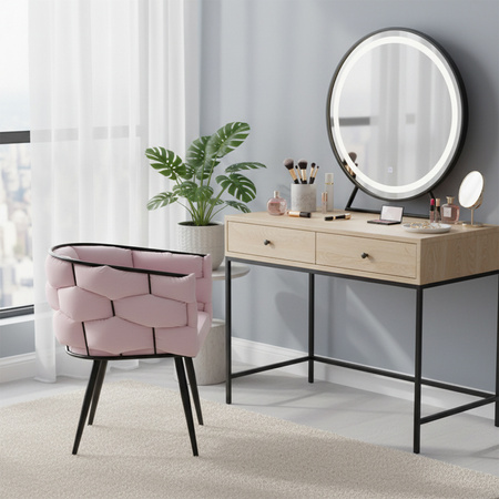 FOTEL KRZESŁO PLECIONE WELUROWE TAPICEROWANE GLAMOUR BORNEO PUDROWY RÓŻ NOGI CZARNE