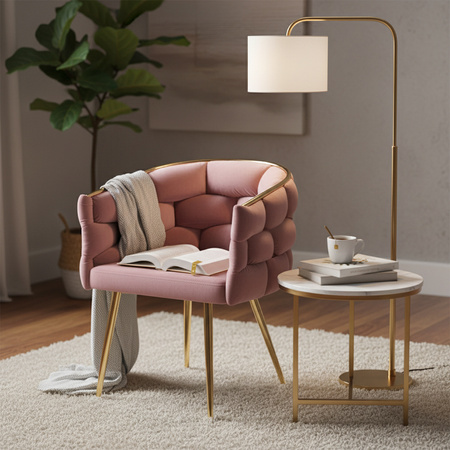 FOTEL KRZESŁO PLECIONE WELUROWE TAPICEROWANE BORNEO GLAMOUR BRUDNY RÓŻ NOGI ZŁOTE