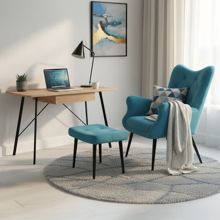 KRZESŁO FOTEL WELUROWY TAPICEROWANY Z PODNÓŻKIEM MARS TURKUSOWY NOGI CZARNE
