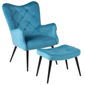 KRZESŁO FOTEL WELUROWY TAPICEROWANY Z PODNÓŻKIEM MARS TURKUSOWY NOGI CZARNE