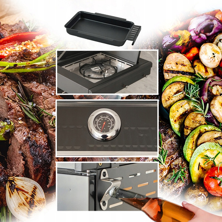 GRILL OGRODOWY GAZOWY Z POKRYWĄ I PÓŁKAMI ZEUS-A CZARNY RUSZT ŻELIWNY 8,5 KW + POKROWIEC