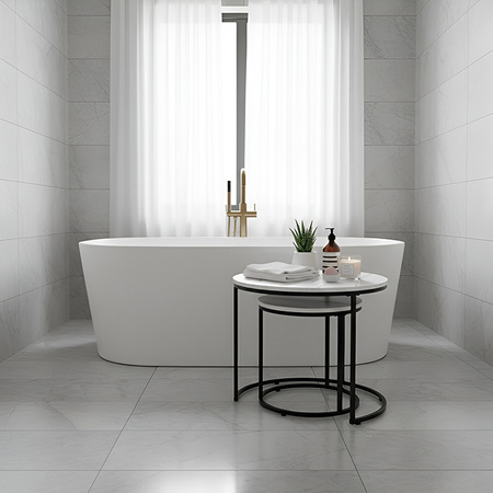 STOLIK KAWOWY OKRĄGŁY BIAŁY MARMUROWY NOWOCZESNY ZESTAW STOLIKÓW DO SALONU TIG-1-MAR-WH-BL-60