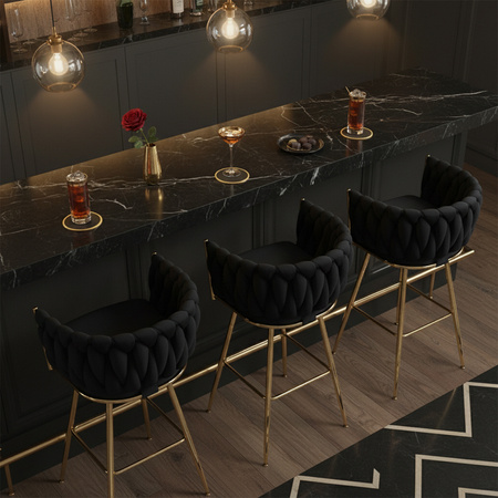 HOKER KRZESŁO BAROWE FERA CZARNY WELUR NOGI ZŁOTE