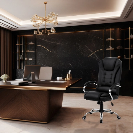 FOTEL BIUROWY OBROTOWY AMBER CZARNA SKÓRA PU PODSTAWA CHROM