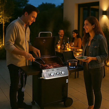 GRILL OGRODOWY GAZOWY Z POKRYWĄ I PÓŁKAMI APOLLO-A CZARNY RUSZT ŻELIWNY 8,5 KW + POKROWIEC