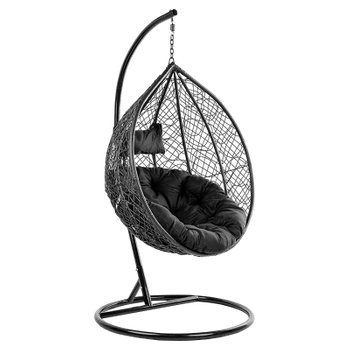 FOTEL OGRODOWY WISZĄCY KOKON DUŻY KOSZ KORFU CZARNY Z PODSTAWĄ PODUSZKA OKRĄGŁA CZARNA