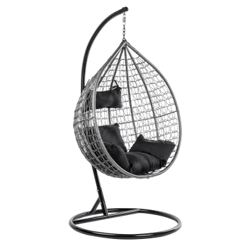 FOTEL OGRODOWY WISZĄCY KOKON DUŻY KOSZ ITAKA SZARY Z PODSTAWĄ PODUSZKA CZARNA