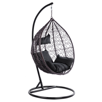 FOTEL OGRODOWY WISZĄCY KOKON DUŻY KOSZ KORFU BRĄZOWY Z PODSTAWĄ PODUSZKA CZARNA