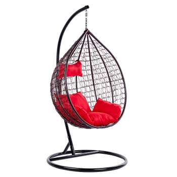 FOTEL OGRODOWY WISZĄCY KOKON DUŻY KOSZ ITAKA BRĄZOWY Z PODSTAWĄ PODUSZKA CZERWONA