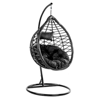 FOTEL OGRODOWY WISZĄCY KOKON DUŻY KOSZ VEGAS CZARNY Z PODSTAWĄ PODUSZKA OKRĄGŁA CZARNA