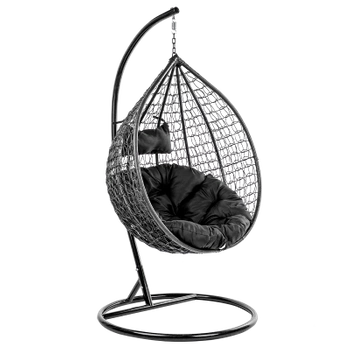 FOTEL OGRODOWY WISZĄCY KOKON DUŻY KOSZ ITAKA CZARNY Z PODSTAWĄ PODUSZKA OKRĄGŁA CZARNA