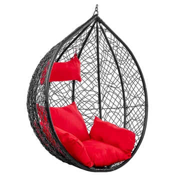 FOTEL OGRODOWY WISZĄCY KOKON DUŻY KOSZ KORFU CZARNY BEZ PODSTAWY PODUSZKA CZERWONA