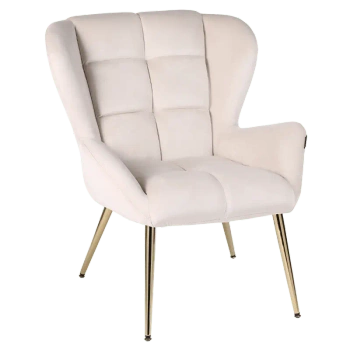 FOTEL KRZESŁO WELUROWE TAPICEROWANY CAPRI ECRU WELUR NOGI ZŁOTE