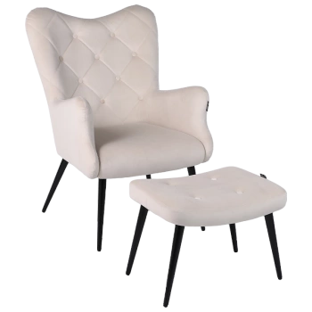 KRZESŁO FOTEL WELUROWY TAPICEROWANY Z PODNÓŻKIEM MARS ECRU NOGI CZARNE