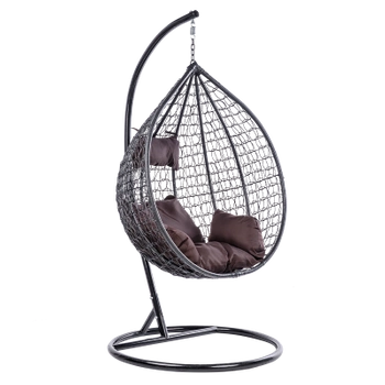 FOTEL OGRODOWY WISZĄCY KOKON DUŻY KOSZ ITAKA CZARNY Z PODSTAWĄ PODUSZKA BRĄZOWA