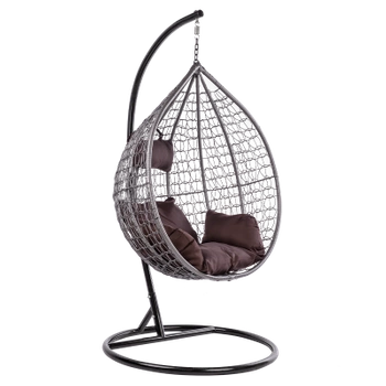 FOTEL OGRODOWY WISZĄCY KOKON DUŻY KOSZ ITAKA SZARY Z PODSTAWĄ PODUSZKA BRĄZOWA