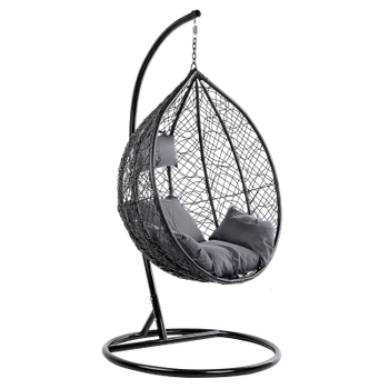 FOTEL OGRODOWY WISZĄCY KOKON DUŻY KOSZ KORFU CZARNY Z PODSTAWĄ PODUSZKA SZARA