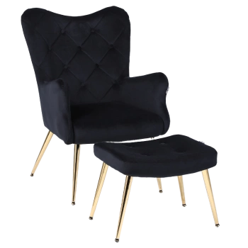 KRZESŁO FOTEL WELUROWY TAPICEROWANY Z PODNÓŻKIEM MARS CZARNY NOGI ZŁOTE