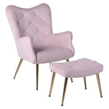 KRZESŁO FOTEL WELUROWY TAPICEROWANY Z PODNÓŻKIEM MARS PUDROWY RÓŻ NOGI ZŁOTE