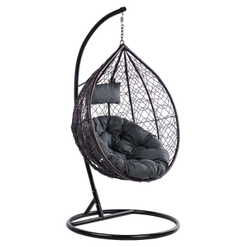 FOTEL OGRODOWY WISZĄCY KOKON DUŻY KOSZ KORFU BRĄZOWY Z PODSTAWĄ PODUSZKA OKRĄGŁA SZARA