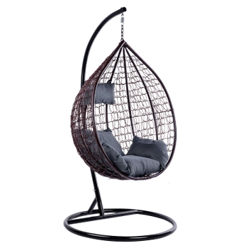 FOTEL OGRODOWY WISZĄCY KOKON DUŻY KOSZ ITAKA BRĄZOWY Z PODSTAWĄ PODUSZKA SZARA