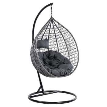FOTEL OGRODOWY WISZĄCY KOKON DUŻY KOSZ ITAKA SZARY Z PODSTAWĄ PODUSZKA OKRĄGŁA SZARA