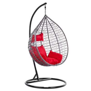 FOTEL OGRODOWY WISZĄCY KOKON DUŻY KOSZ ITAKA SZARY Z PODSTAWĄ PODUSZKA CZERWONA