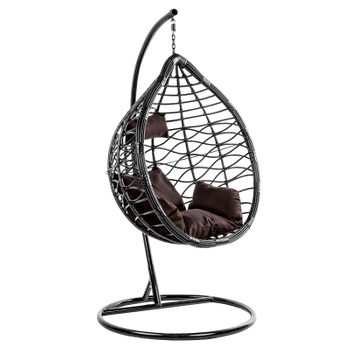 FOTEL OGRODOWY WISZĄCY KOKON DUŻY KOSZ VEGAS CZARNY Z PODSTAWĄ PODUSZKA BRĄZOWA