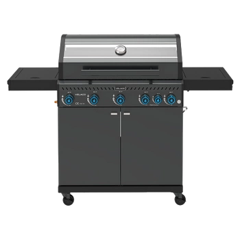 GRILL OGRODOWY GAZOWY Z POKRYWĄ I PÓŁKAMI ZEUS-D CZARNY RUSZT ŻELIWNY 17,5 KW + POKROWIEC