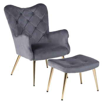 KRZESŁO FOTEL WELUROWY TAPICEROWANY Z PODNÓŻKIEM MARS CIEMNOSZARY NOGI ZŁOTE