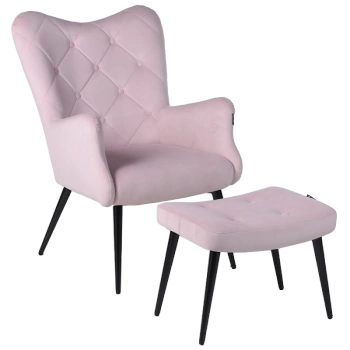 KRZESŁO FOTEL WELUROWY TAPICEROWANY Z PODNÓŻKIEM MARS PUDROWY RÓŻ NOGI CZARNE