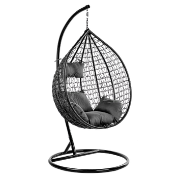 FOTEL OGRODOWY WISZĄCY KOKON DUŻY KOSZ ITAKA CZARNY Z PODSTAWĄ PODUSZKA SZARA