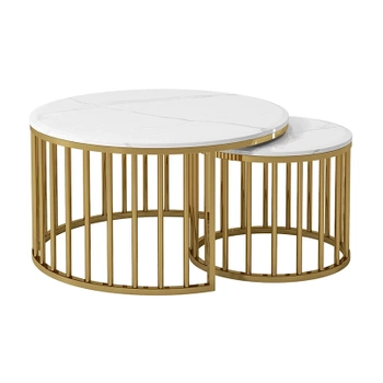 STOLIKI KAWOWE BENA OKRĄGŁE STOLIK KAWOWY ZŁOTY BIAŁY MARMUR LOFT ZESTAW 2 STOLIKÓW